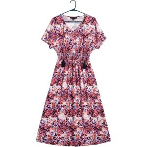 Lildy Womens Floral Tassel Tie Back Maxi Dress Pink Purple Smocked Waist L-XL